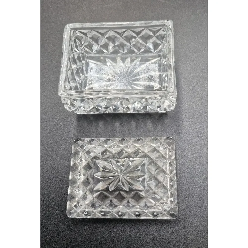 Vintage Small Crystal Casket Trinket Box Lid Starburst Crosshatch 2.75x2x2.5